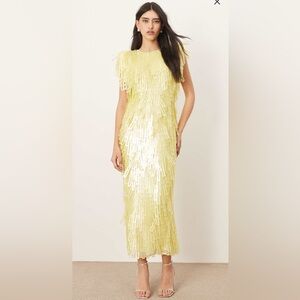ASOS ARRANGE Embellished Geo Sequin Shoulder Pad Midi Dress Lemon NWT Size US 6